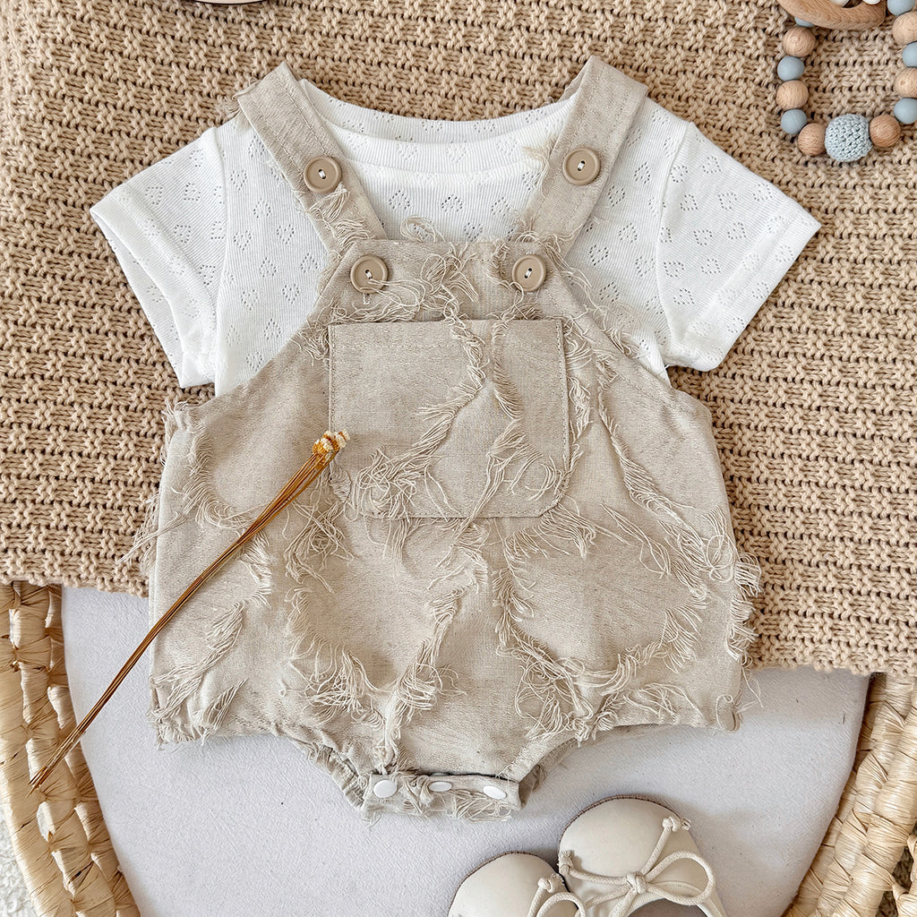 Frayed Texture Baby Overalls Romper Set Eyelet Short Sleeve Tee