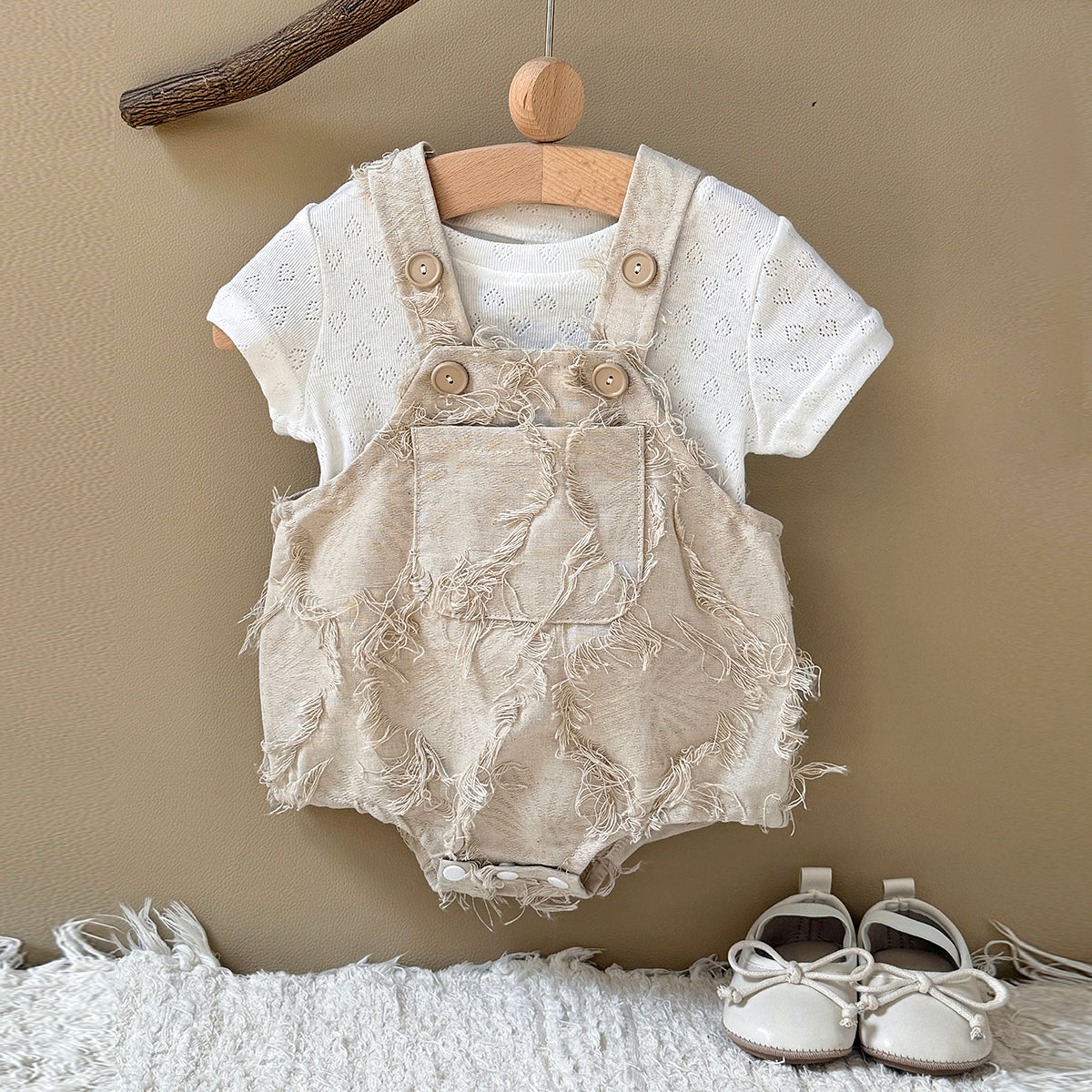 Frayed Texture Baby Overalls Romper Set Eyelet Short Sleeve Tee