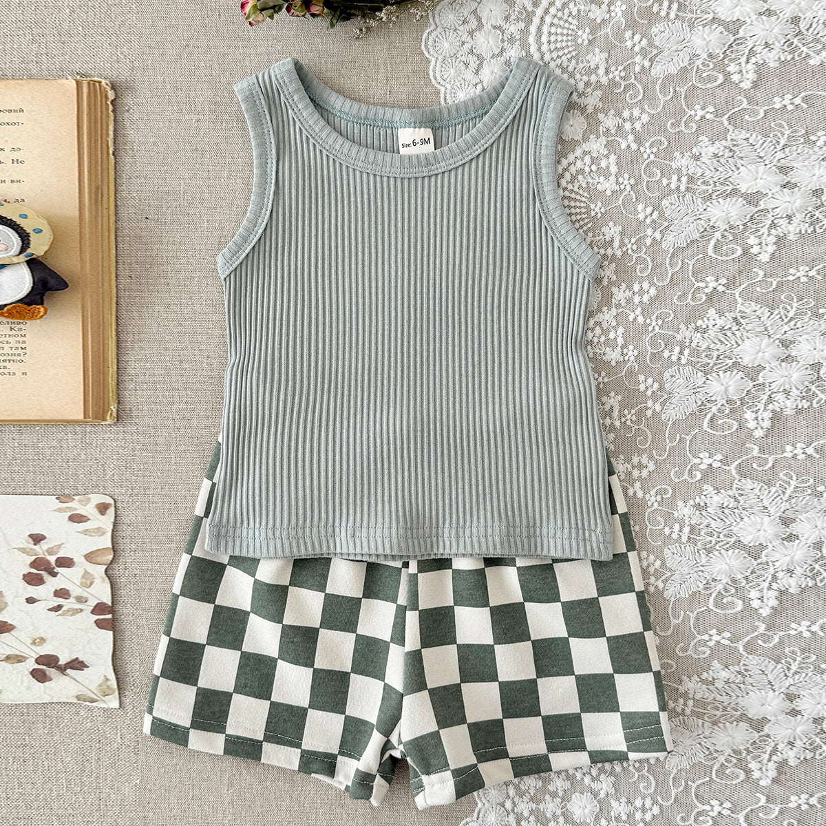Baby Ribbed Tank Top & Checkerboard Shorts 2 Piece Set