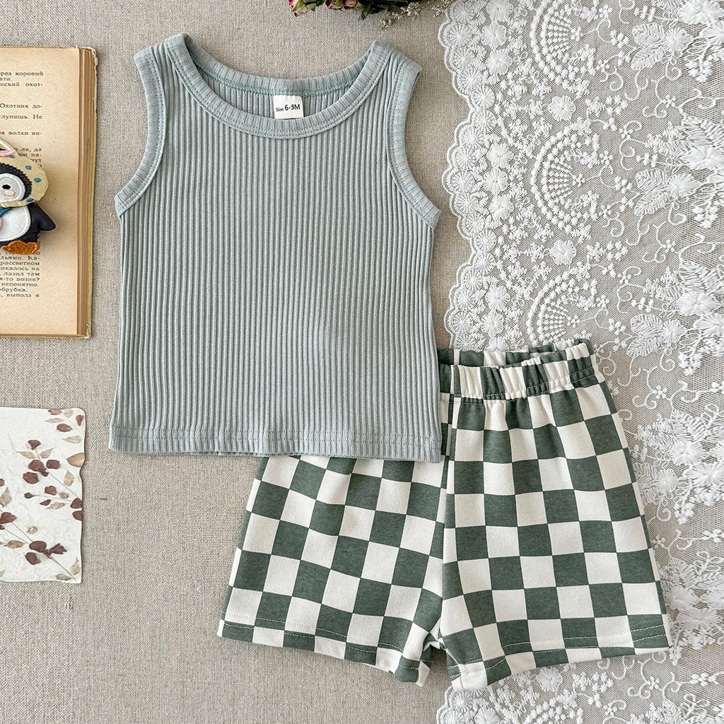 Baby Ribbed Tank Top & Checkerboard Shorts 2 Piece Set