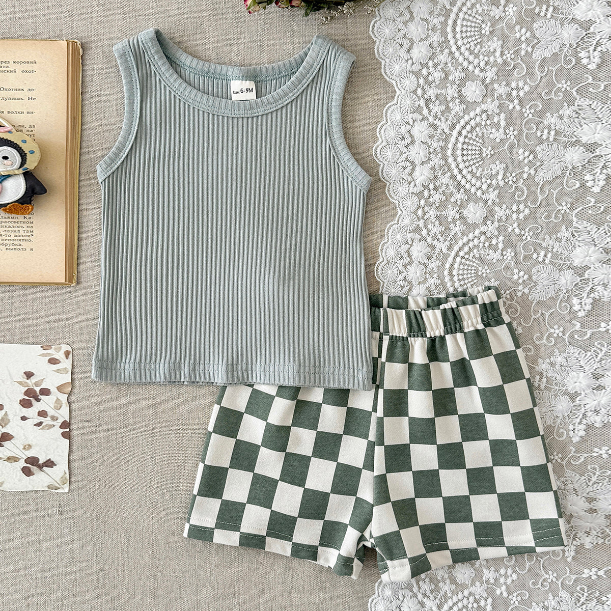 Baby Ribbed Tank Top & Checkerboard Shorts 2 Piece Set