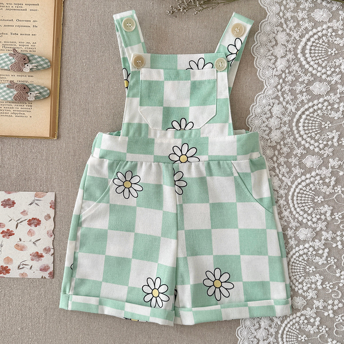 Baby Green Checkered Daisy Short Overalls