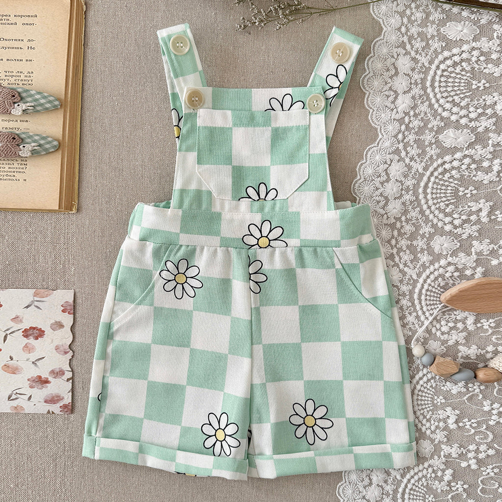 Baby Green Checkered Daisy Short Overalls