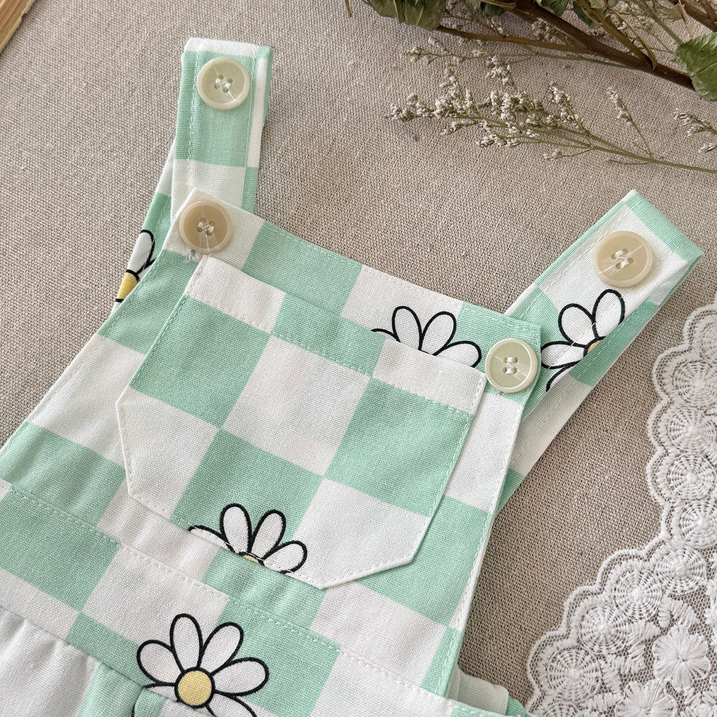 Baby Green Checkered Daisy Short Overalls