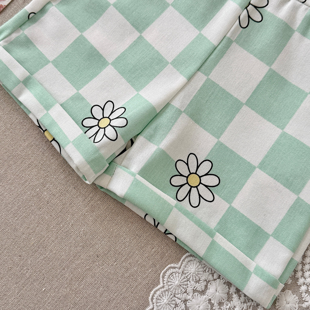 Baby Green Checkered Daisy Short Overalls