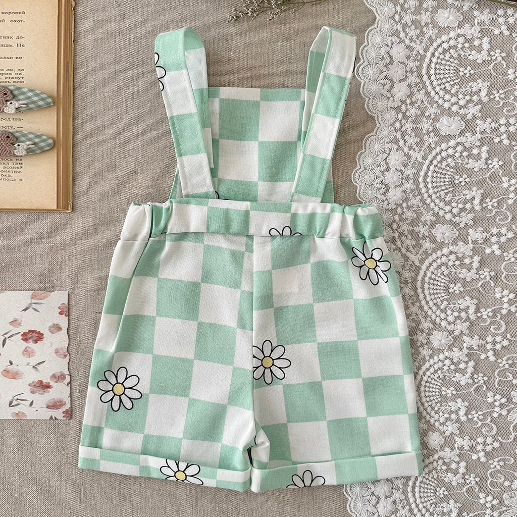 Baby Green Checkered Daisy Short Overalls