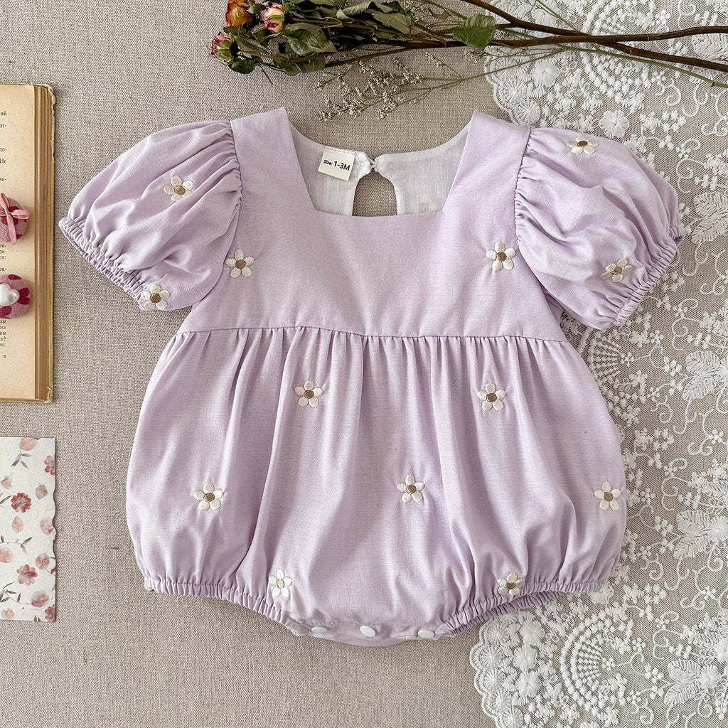Baby Girl Floral Embroidery Puff Sleeve Bubble Romper