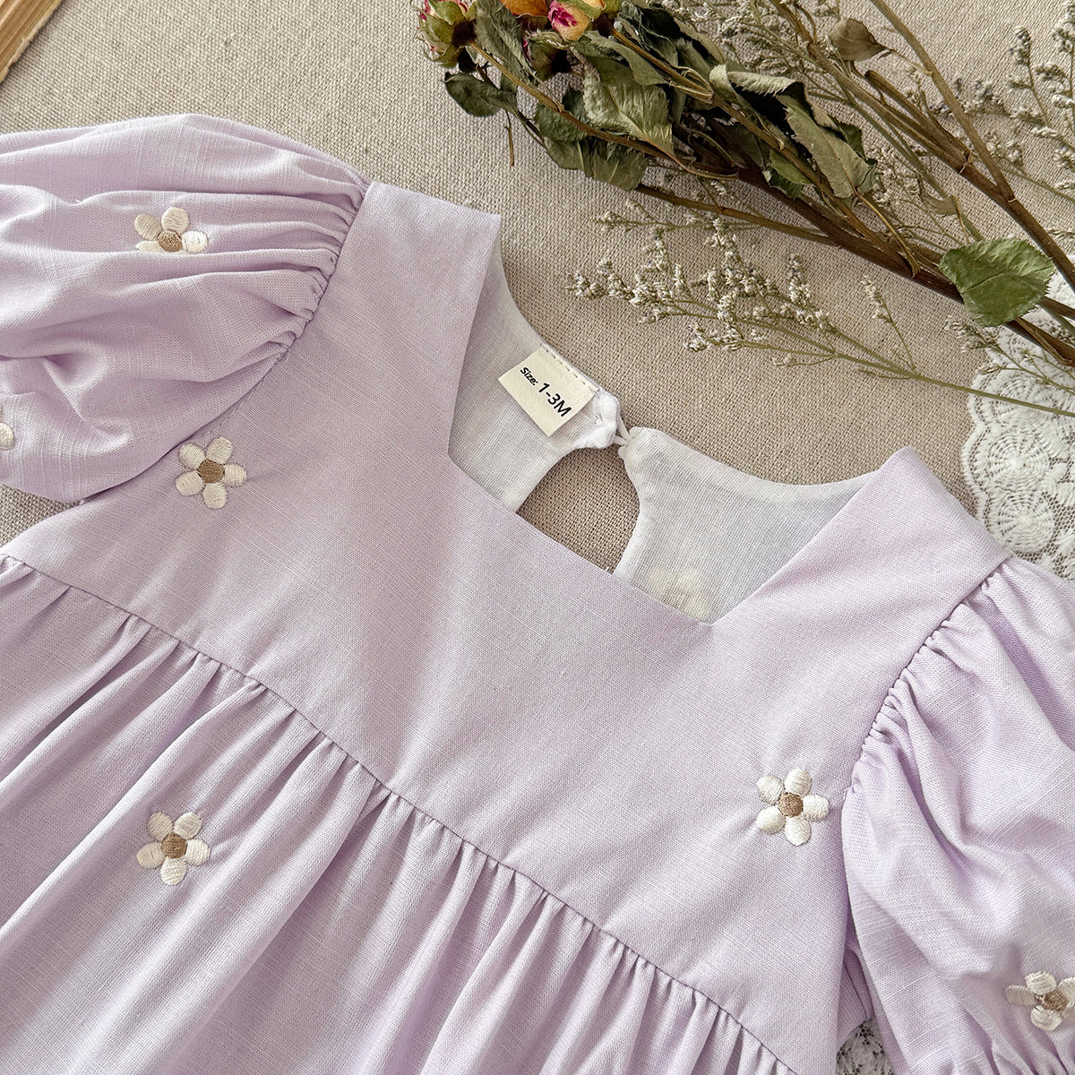 Baby Girl Floral Embroidery Puff Sleeve Bubble Romper