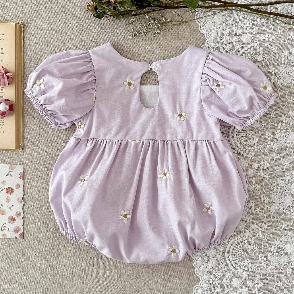 Baby Girl Floral Embroidery Puff Sleeve Bubble Romper