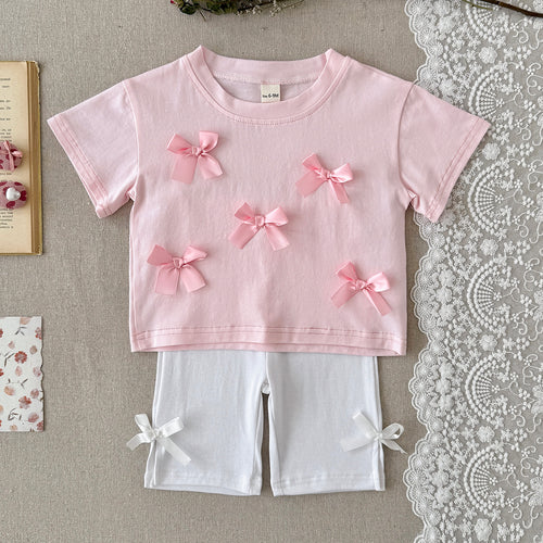 Baby Girl 3D Bow Short Sleeve Tee & Bike Shorts 2Pcs Outfit