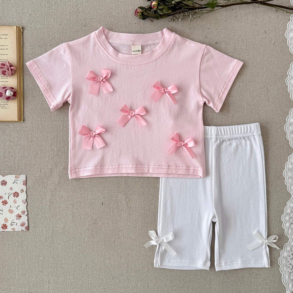 Baby Girl 3D Bow Short Sleeve Tee & Bike Shorts 2Pcs Outfit