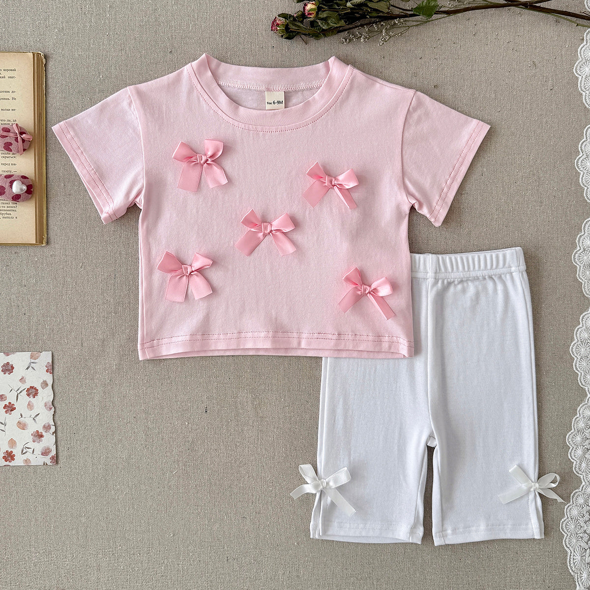 Baby Girl 3D Bow Short Sleeve Tee & Bike Shorts 2Pcs Outfit