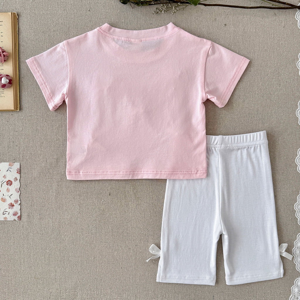 Baby Girl 3D Bow Short Sleeve Tee & Bike Shorts 2Pcs Outfit