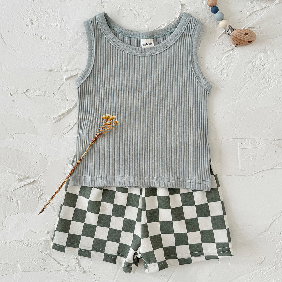 Baby Ribbed Tank Top & Checkerboard Shorts 2 Piece Set