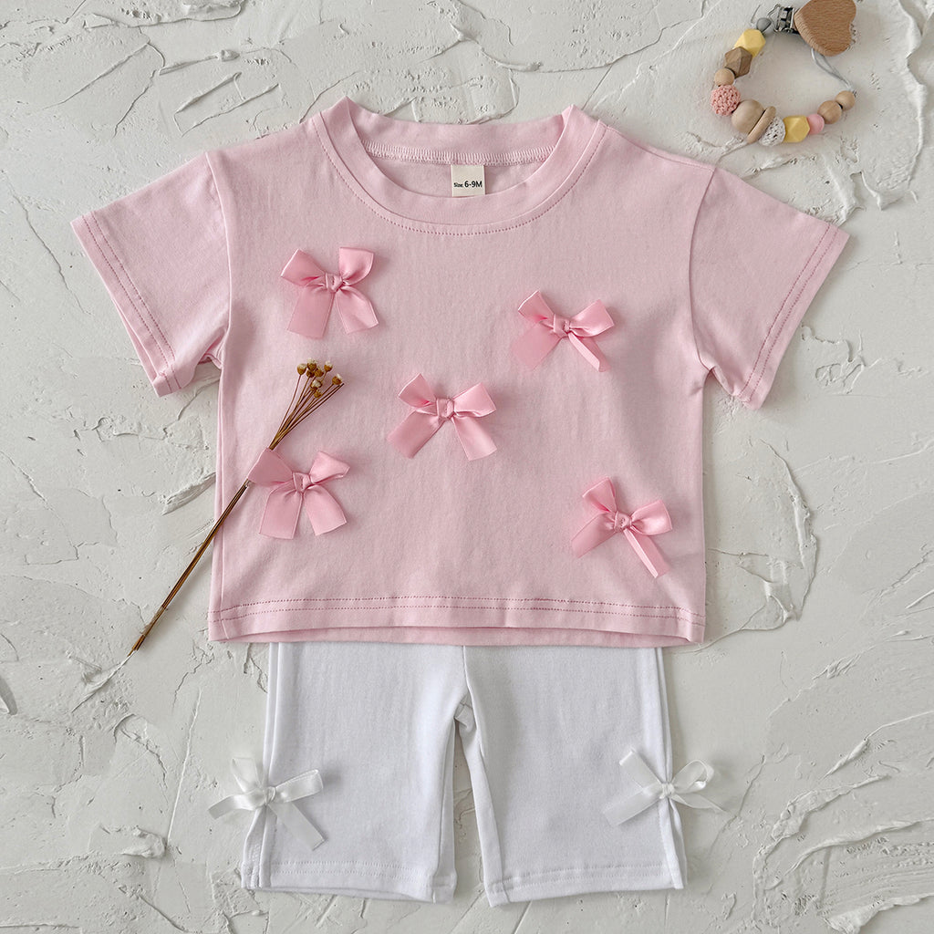 Baby Girl 3D Bow Short Sleeve Tee & Bike Shorts 2Pcs Outfit