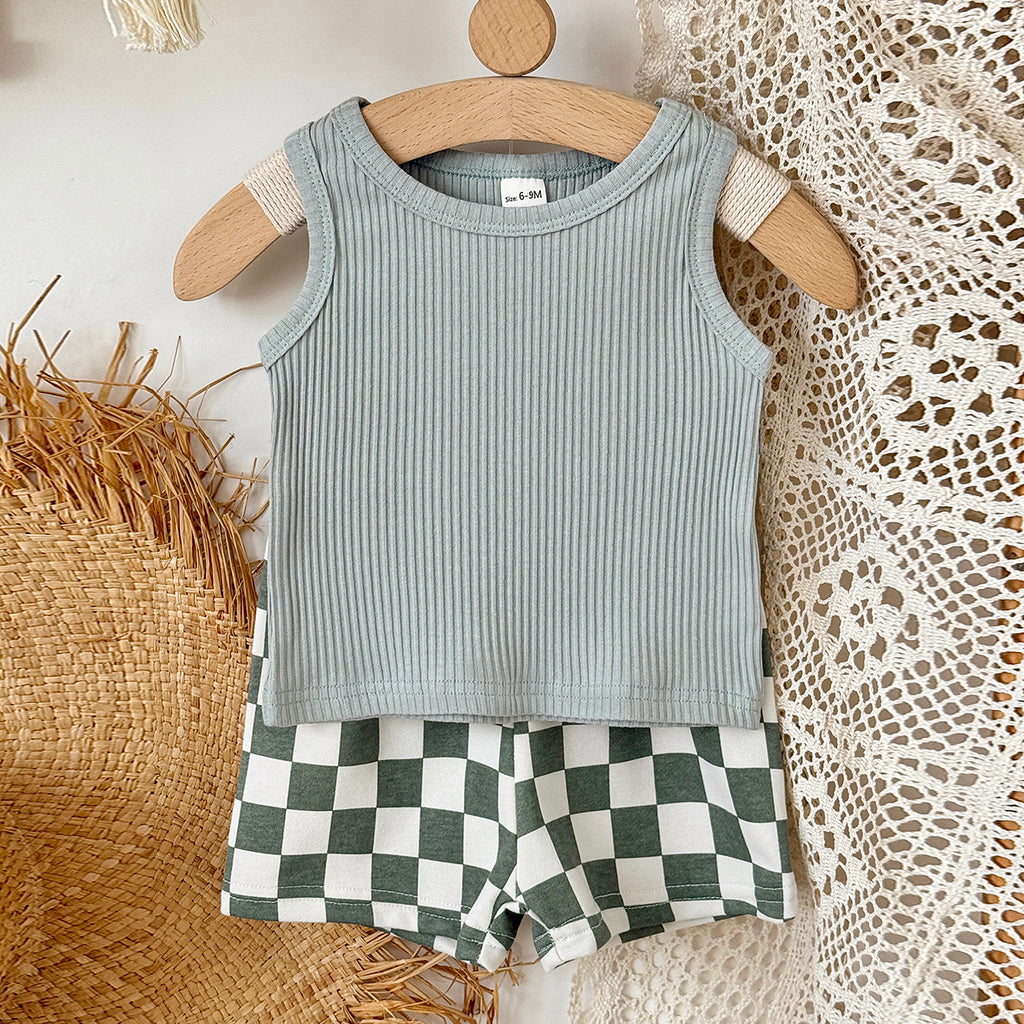 Baby Ribbed Tank Top & Checkerboard Shorts 2 Piece Set