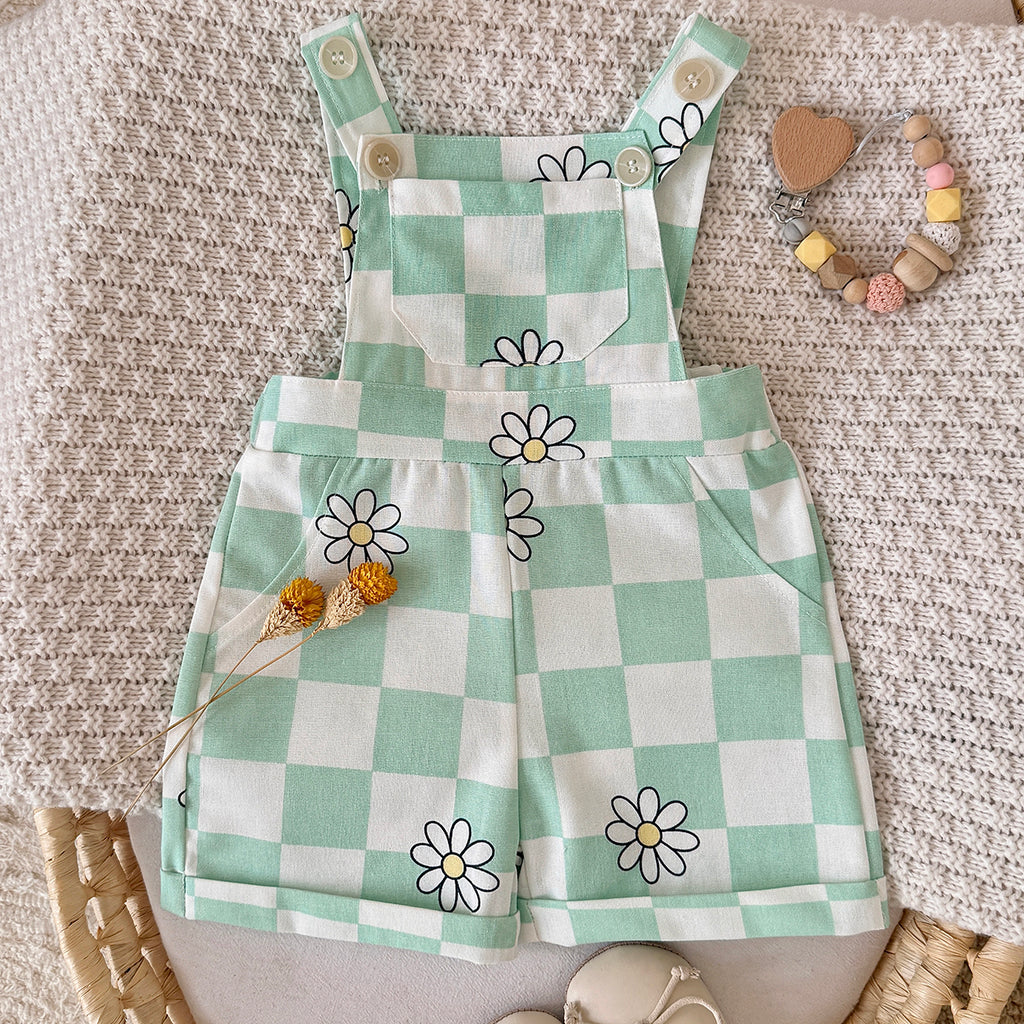 Baby Green Checkered Daisy Short Overalls