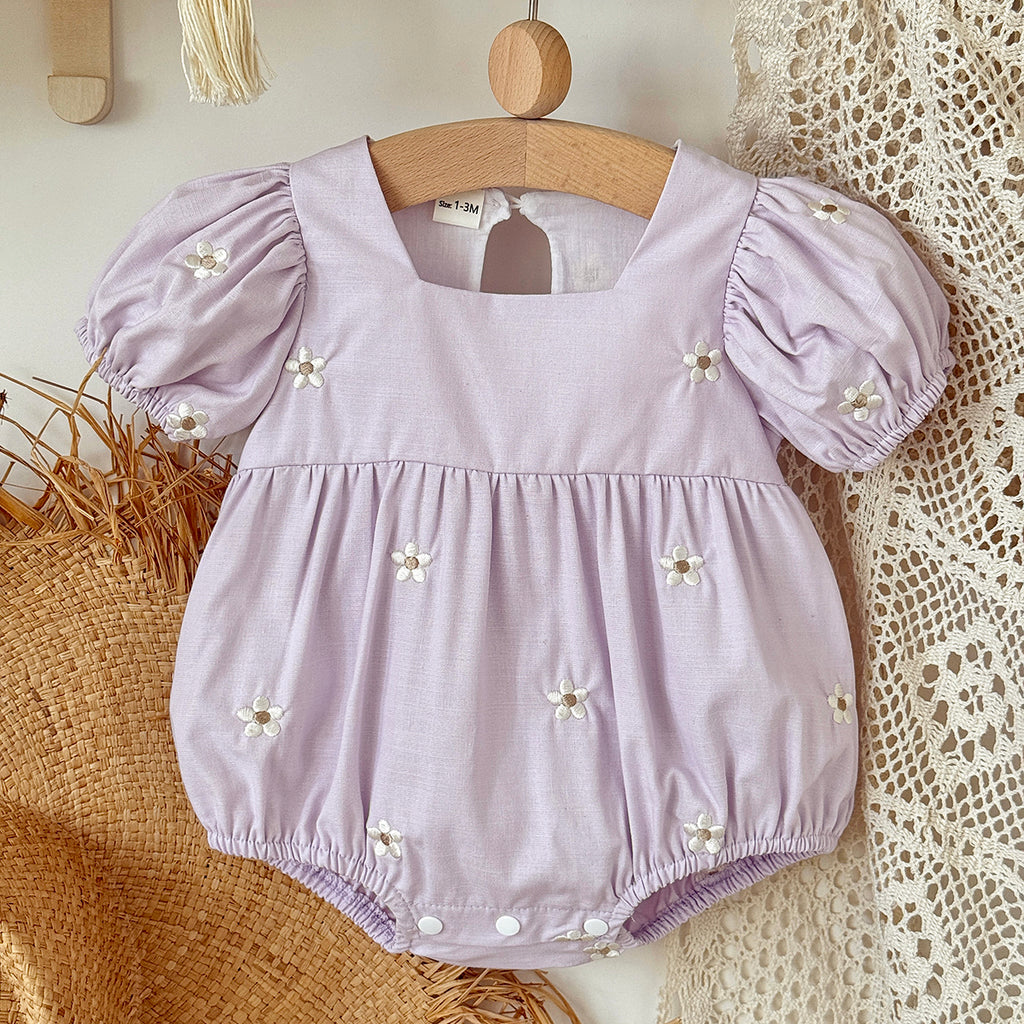 Baby Girl Floral Embroidery Puff Sleeve Bubble Romper