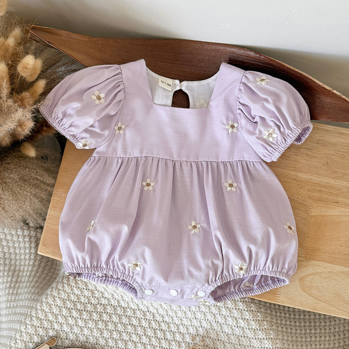 Baby Girl Floral Embroidery Puff Sleeve Bubble Romper
