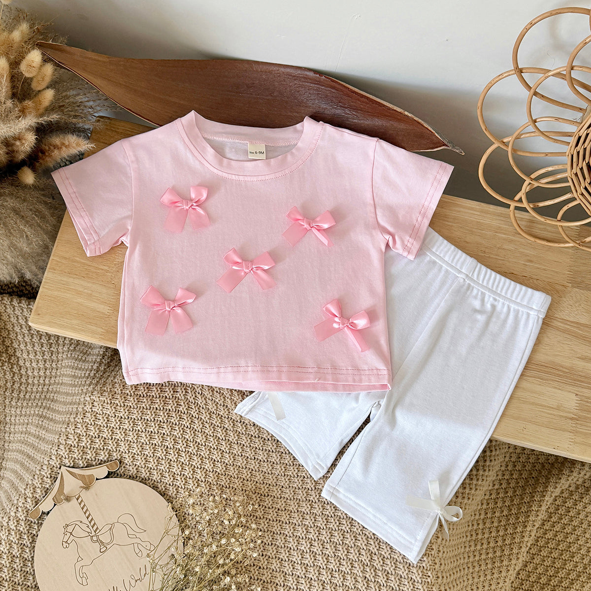 Baby Girl 3D Bow Short Sleeve Tee & Bike Shorts 2Pcs Outfit