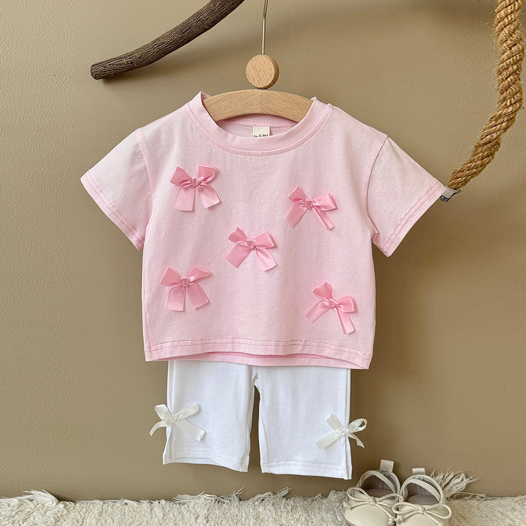 Baby Girl 3D Bow Short Sleeve Tee & Bike Shorts 2Pcs Outfit
