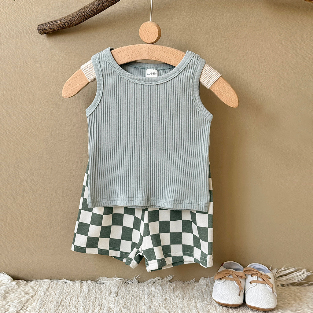 Baby Ribbed Tank Top & Checkerboard Shorts 2 Piece Set