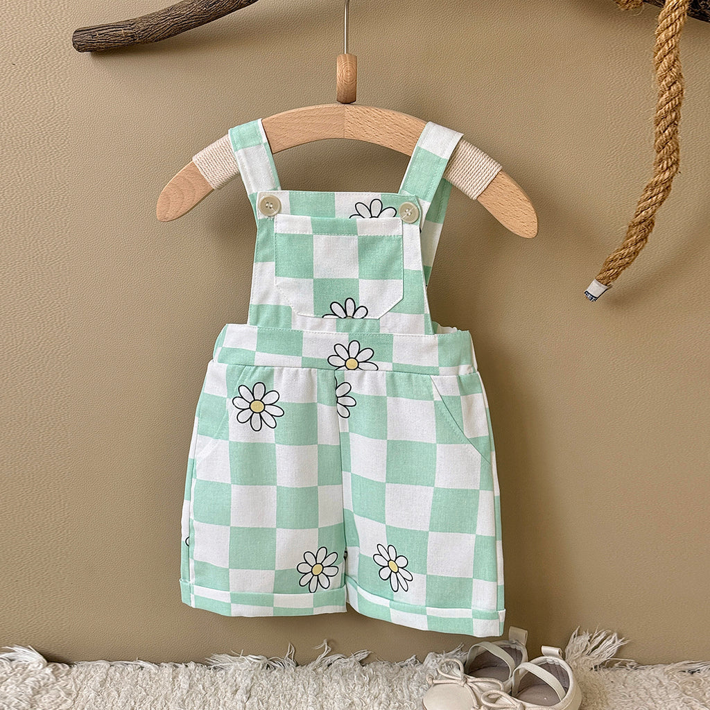 Baby Green Checkered Daisy Short Overalls