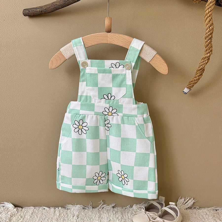 Baby Green Checkered Daisy Short Overalls