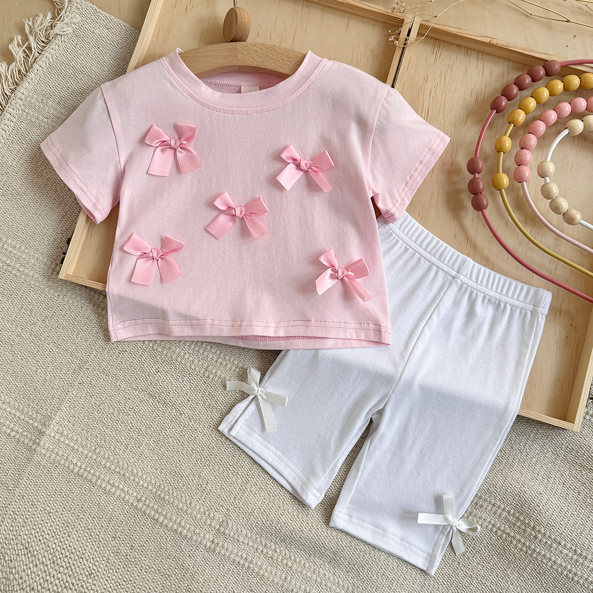 Baby Girl 3D Bow Short Sleeve Tee & Bike Shorts 2Pcs Outfit