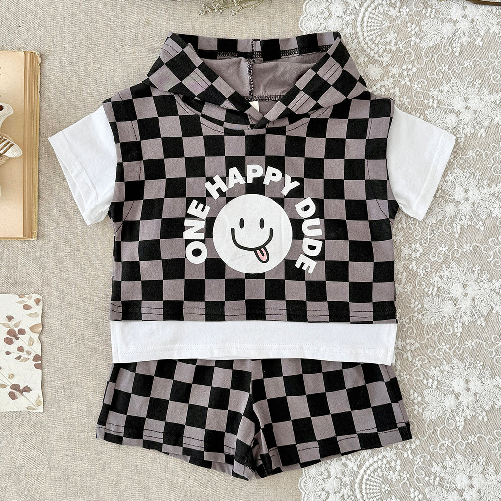 Baby Boy Fake Two Piece Checkered Hooded Shorts Set