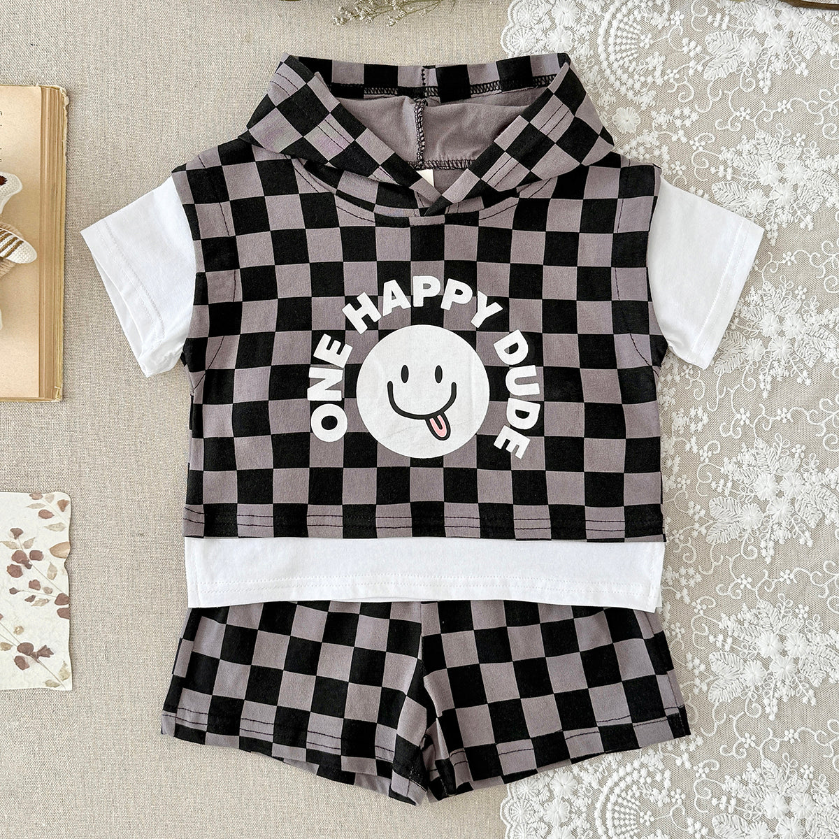 Baby Boy Fake Two Piece Checkered Hooded Shorts Set