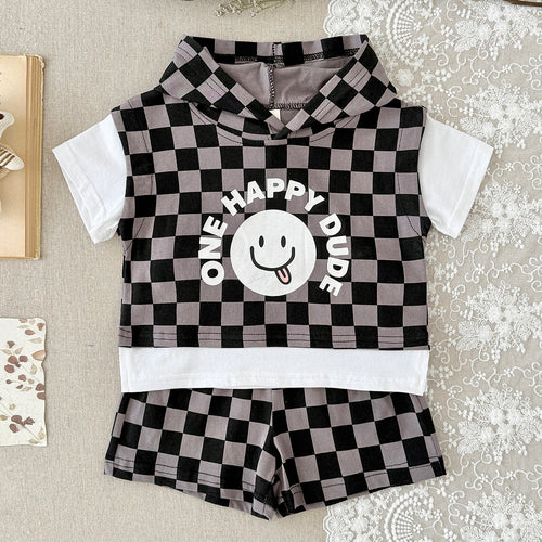 Baby Boy Fake Two Piece Checkered Hooded Shorts Set