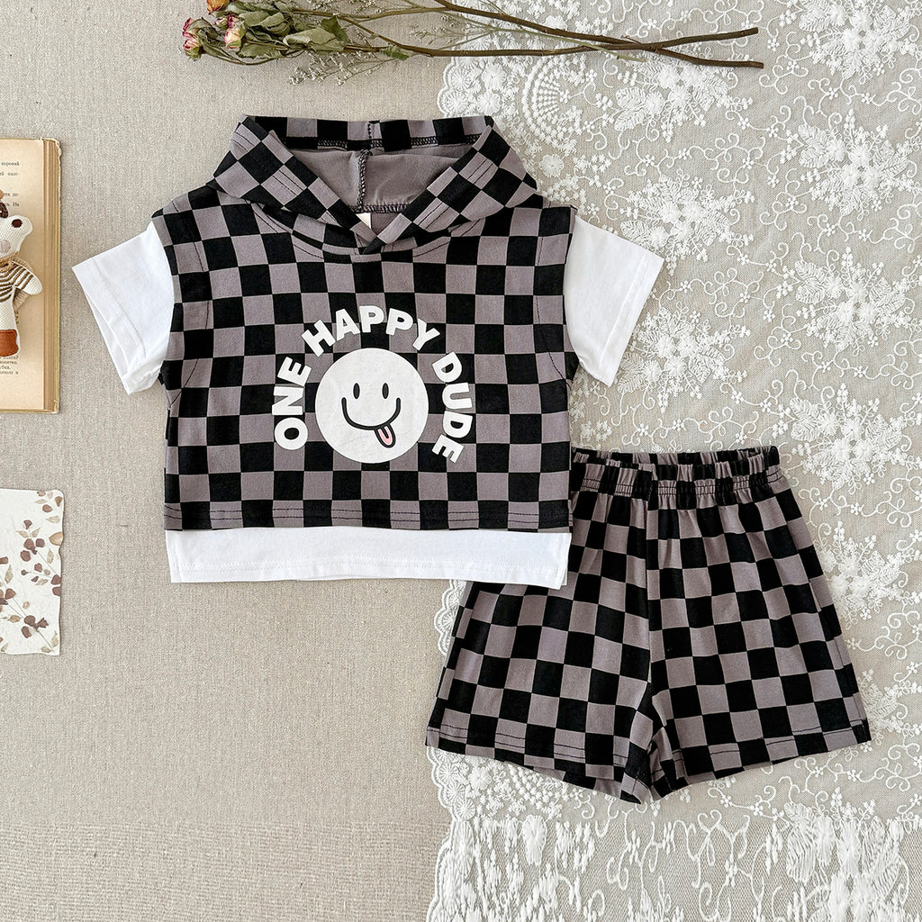 Baby Boy Fake Two Piece Checkered Hooded Shorts Set
