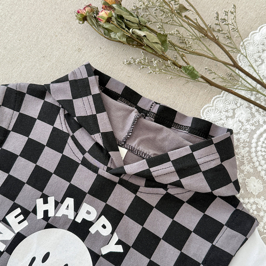 Baby Boy Fake Two Piece Checkered Hooded Shorts Set