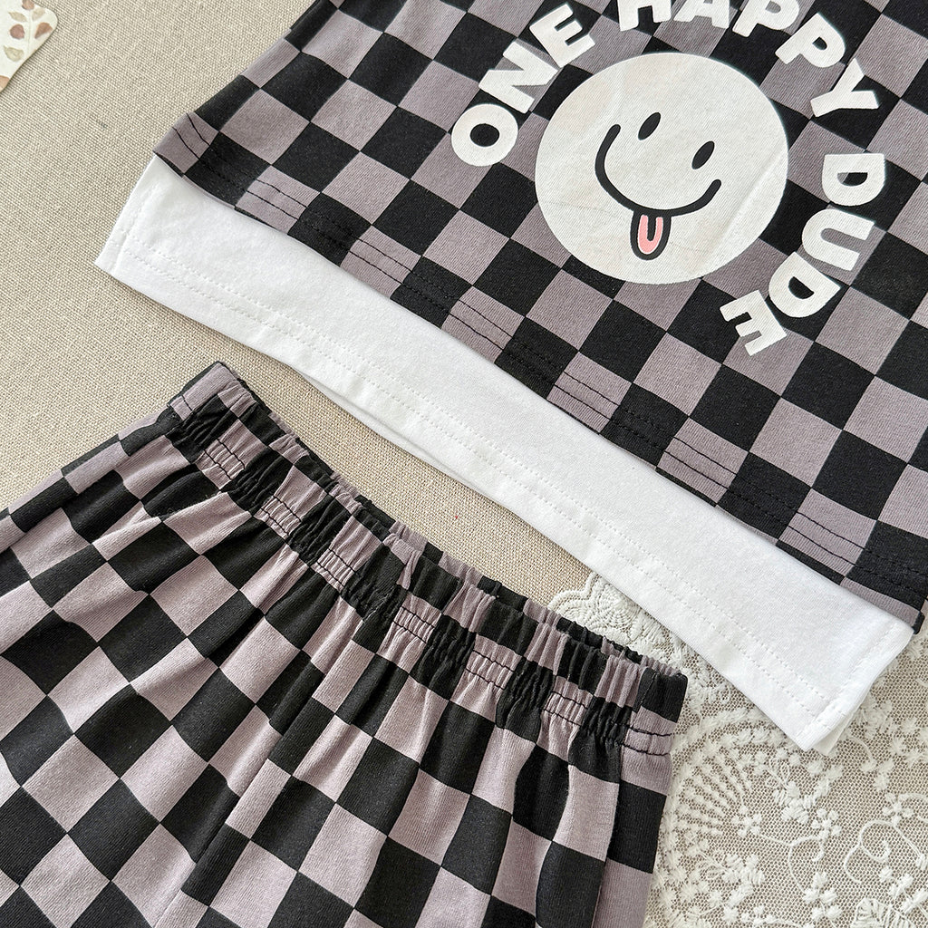 Baby Boy Fake Two Piece Checkered Hooded Shorts Set