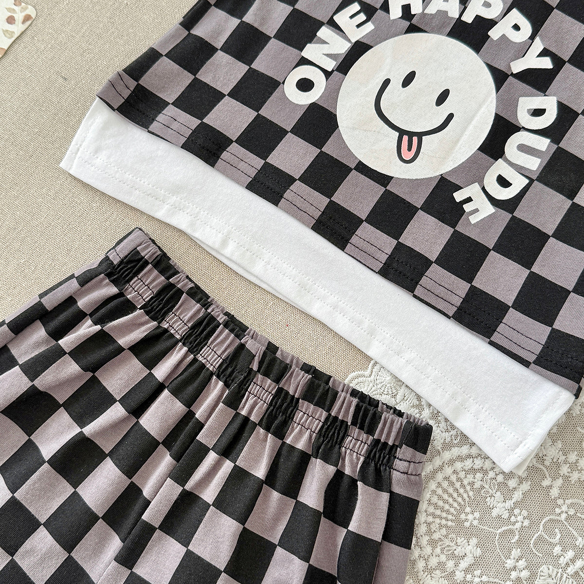 Baby Boy Fake Two Piece Checkered Hooded Shorts Set