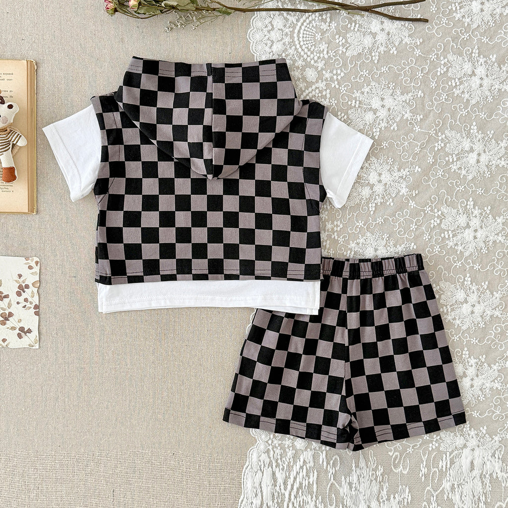 Baby Boy Fake Two Piece Checkered Hooded Shorts Set