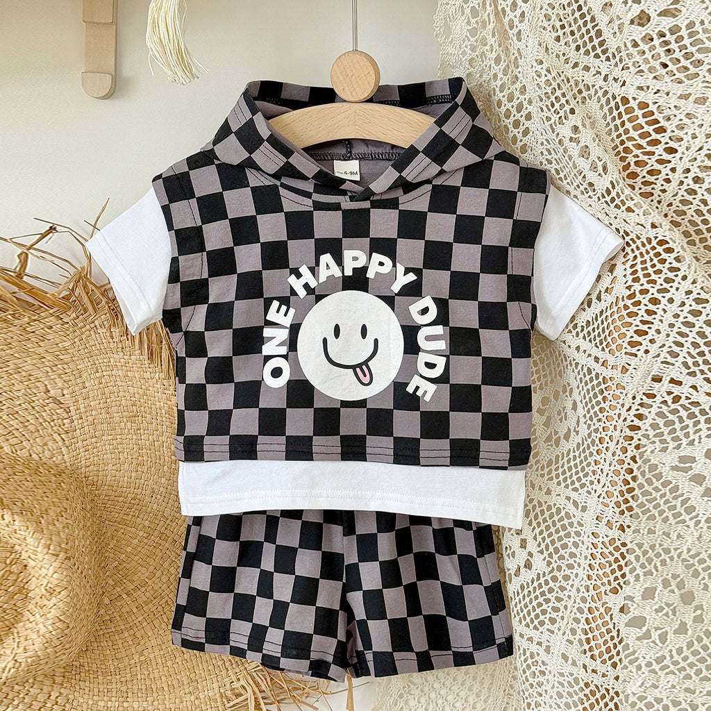 Baby Boy Fake Two Piece Checkered Hooded Shorts Set