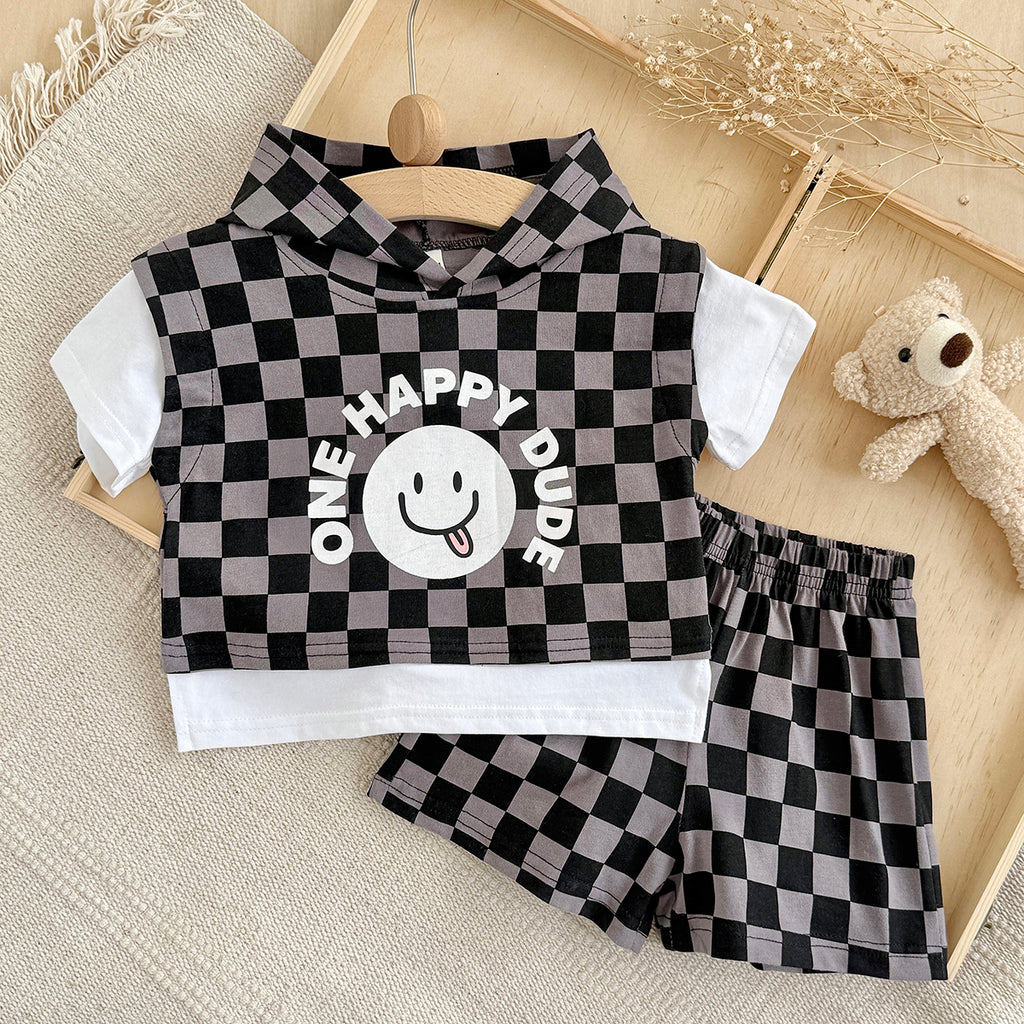 Baby Boy Fake Two Piece Checkered Hooded Shorts Set