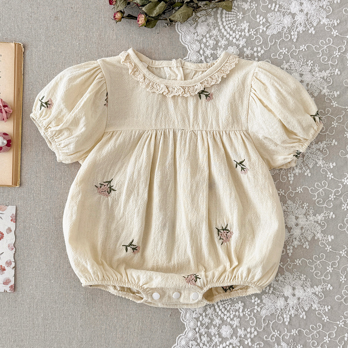 Baby Girl Floral Embroidery Bubble Sleeve Romper