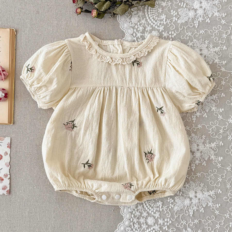 Baby Girl Floral Embroidery Bubble Sleeve Romper