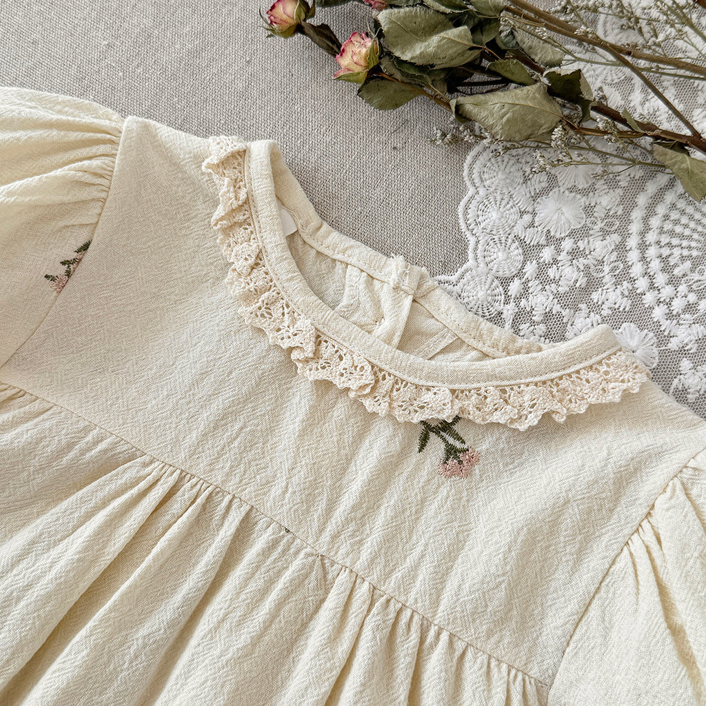 Baby Girl Floral Embroidery Bubble Sleeve Romper