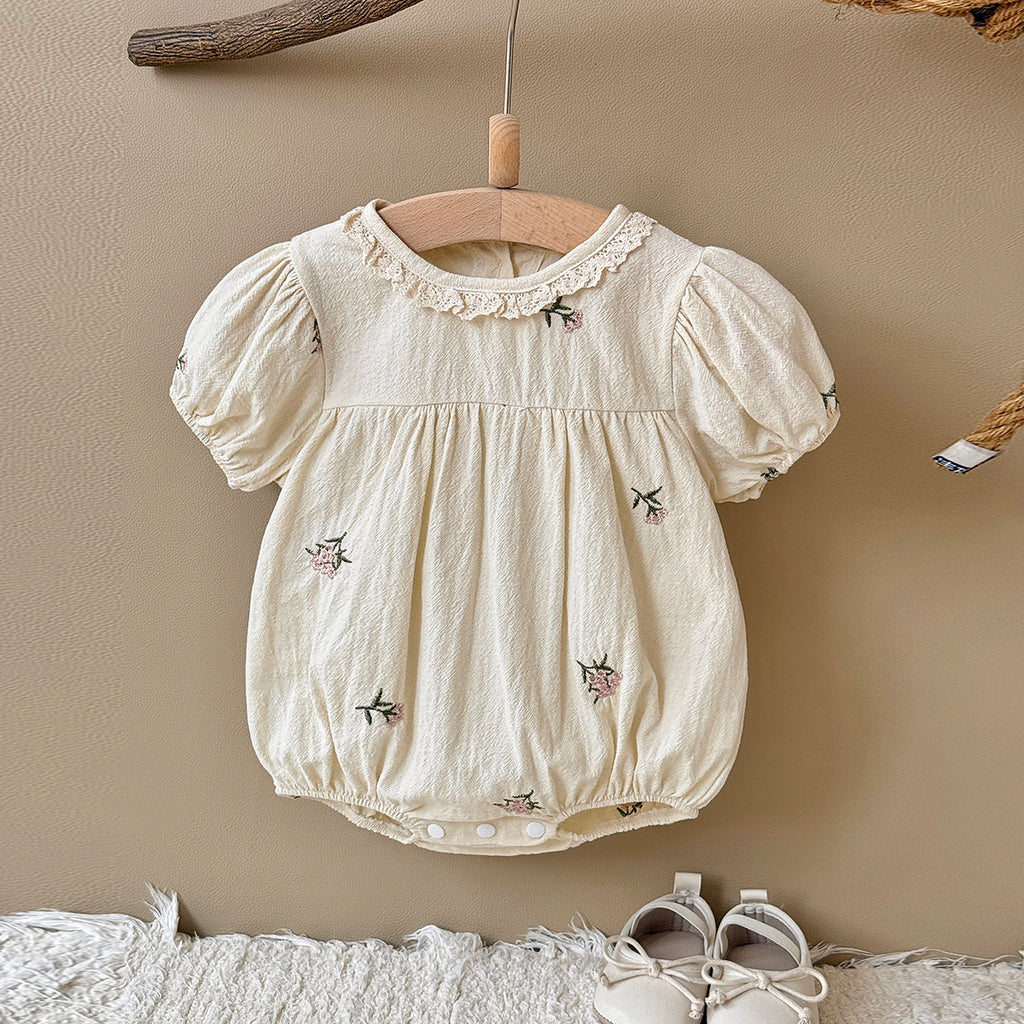 Baby Girl Floral Embroidery Bubble Sleeve Romper