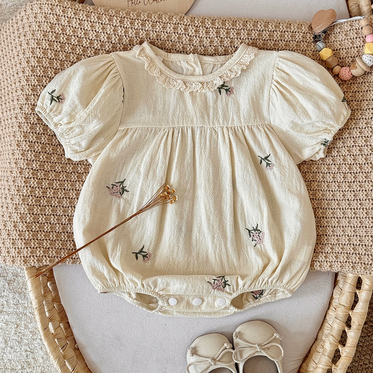 Baby Girl Floral Embroidery Bubble Sleeve Romper