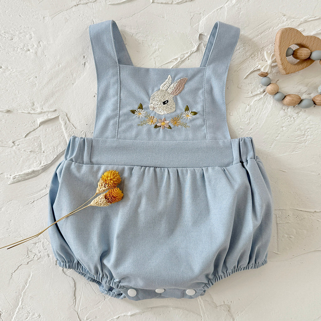 Baby Bunny Embroidery Linen Overalls Bubble Romper
