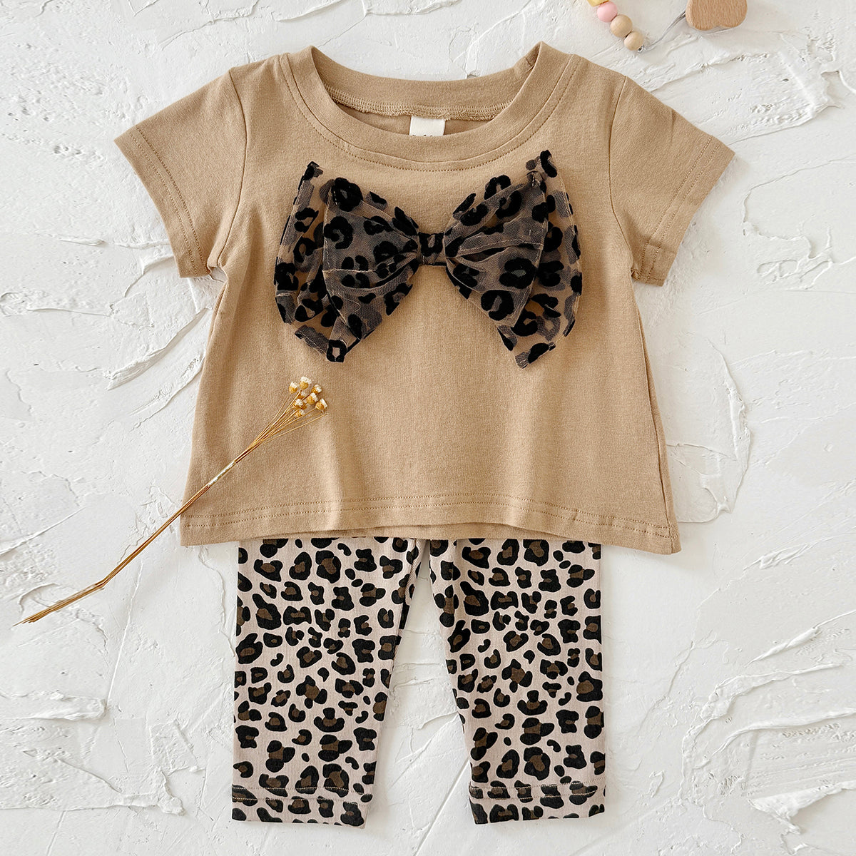 Baby Girl Leopard Bow Short Sleeve Tee & Leggings 2Pcs Outfit