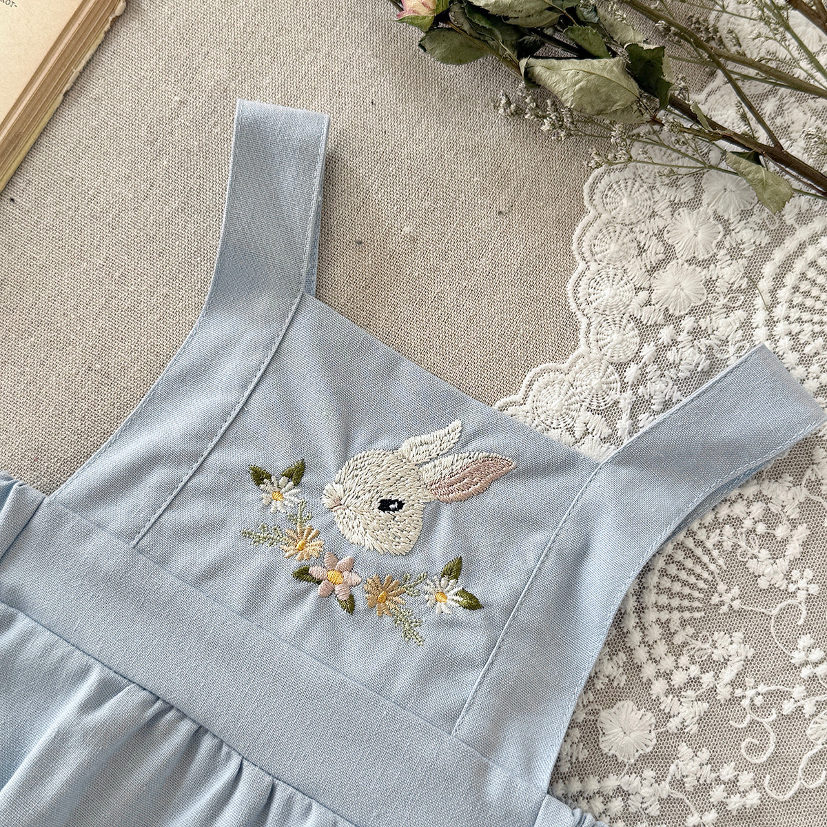 Baby Bunny Embroidery Linen Overalls Bubble Romper