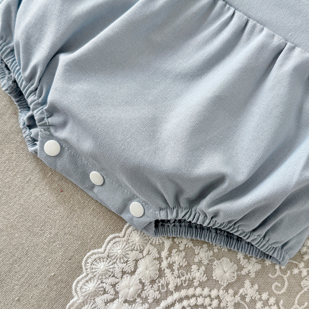 Baby Bunny Embroidery Linen Overalls Bubble Romper