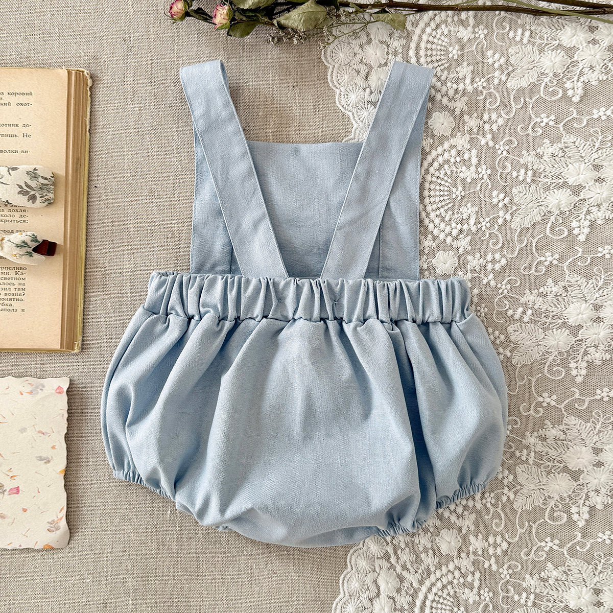 Baby Bunny Embroidery Linen Overalls Bubble Romper