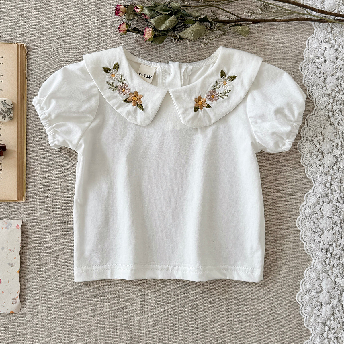 Baby Peter Pan Collar Embroidered Puff Sleeve Tee